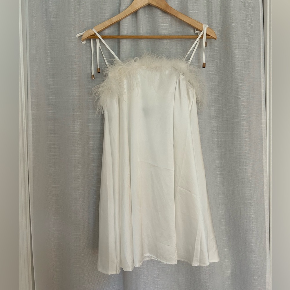 Nasty gal “feather trim satin nightly slip dress”